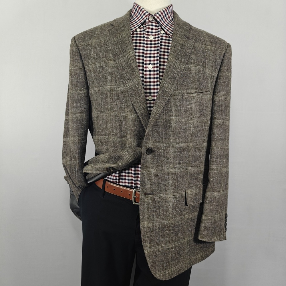 JOS A BANK Reserve Men's Sport Coat  Brown Plaid Wool‎ Silk Linen E.THOMAS 46R